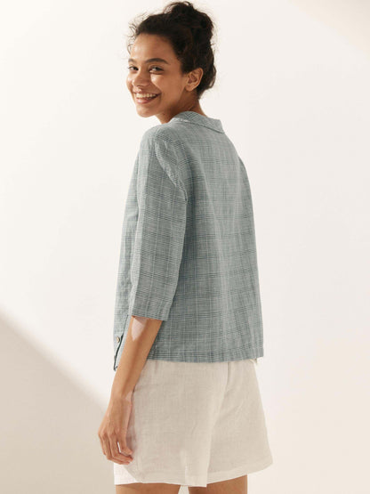 Casey | Women’s Linen Gingham Checked Soft-Fold Collar Blouse