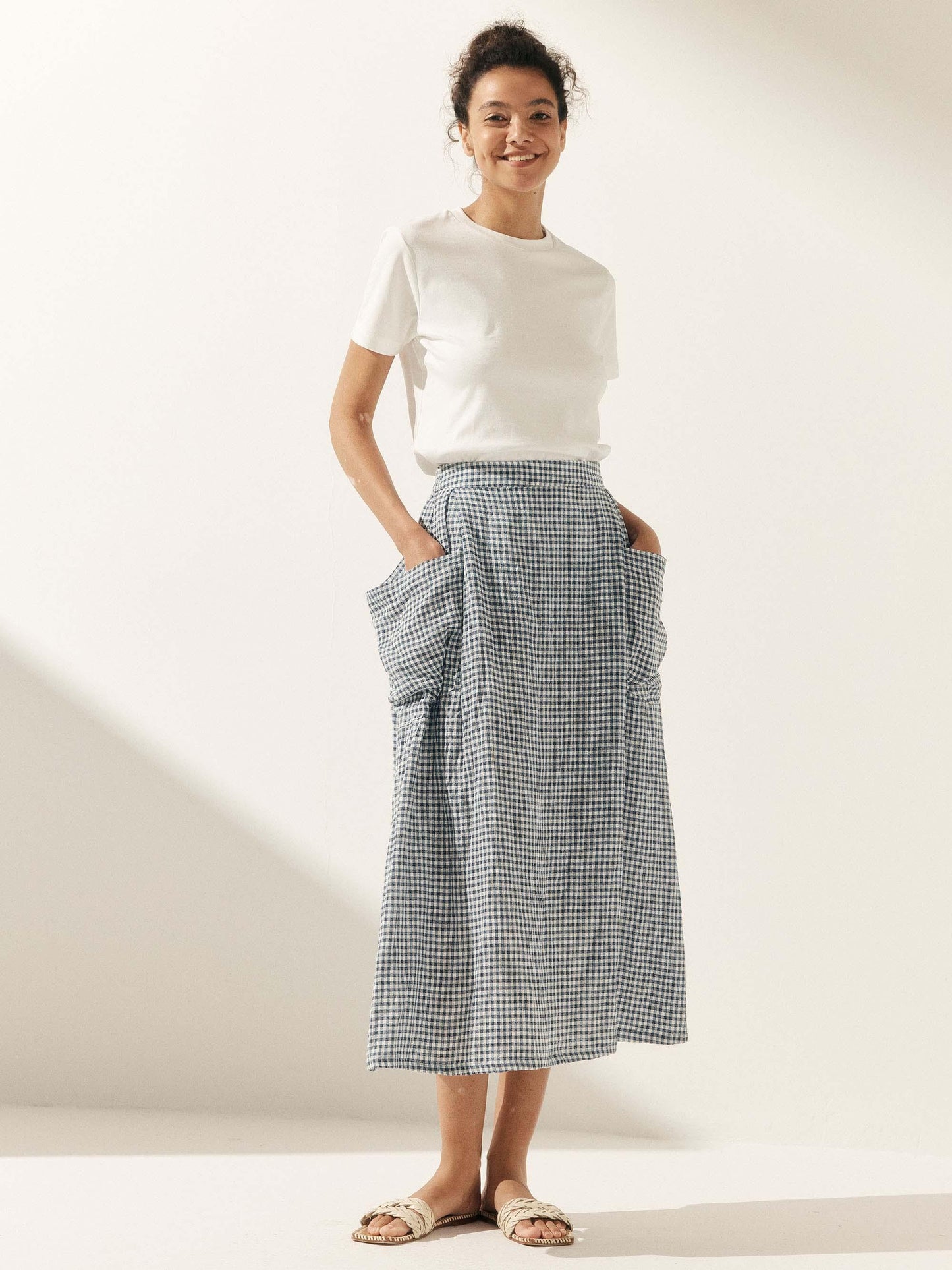 Parker | Women’s Linen Checked Elastic Waist Midi Skirt