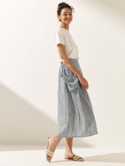 Parker | Women’s Linen Checked Elastic Waist Midi Skirt