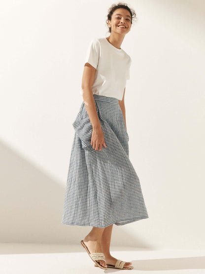 Parker | Women’s Linen Checked Elastic Waist Midi Skirt