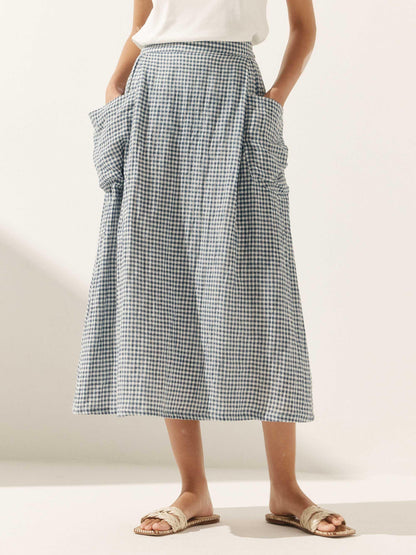 Parker | Women’s Linen Checked Elastic Waist Midi Skirt