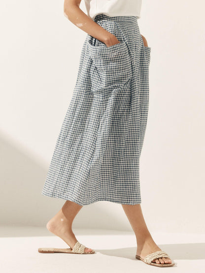 Parker | Women’s Linen Checked Elastic Waist Midi Skirt