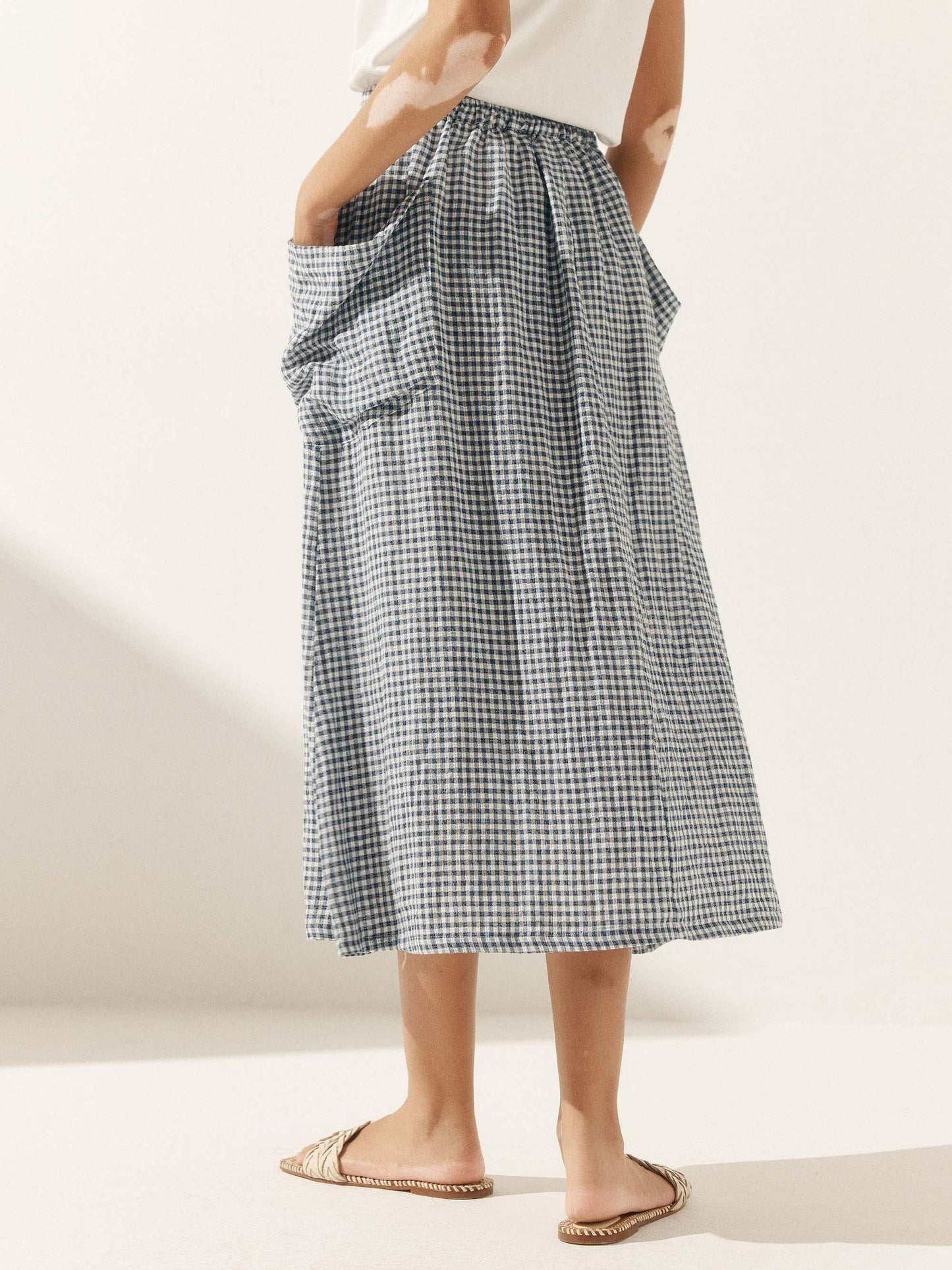 Parker | Women’s Linen Checked Elastic Waist Midi Skirt