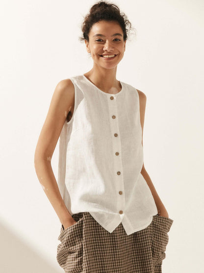 Delia | Women’s Linen Button-Down Sleeveless Blouse