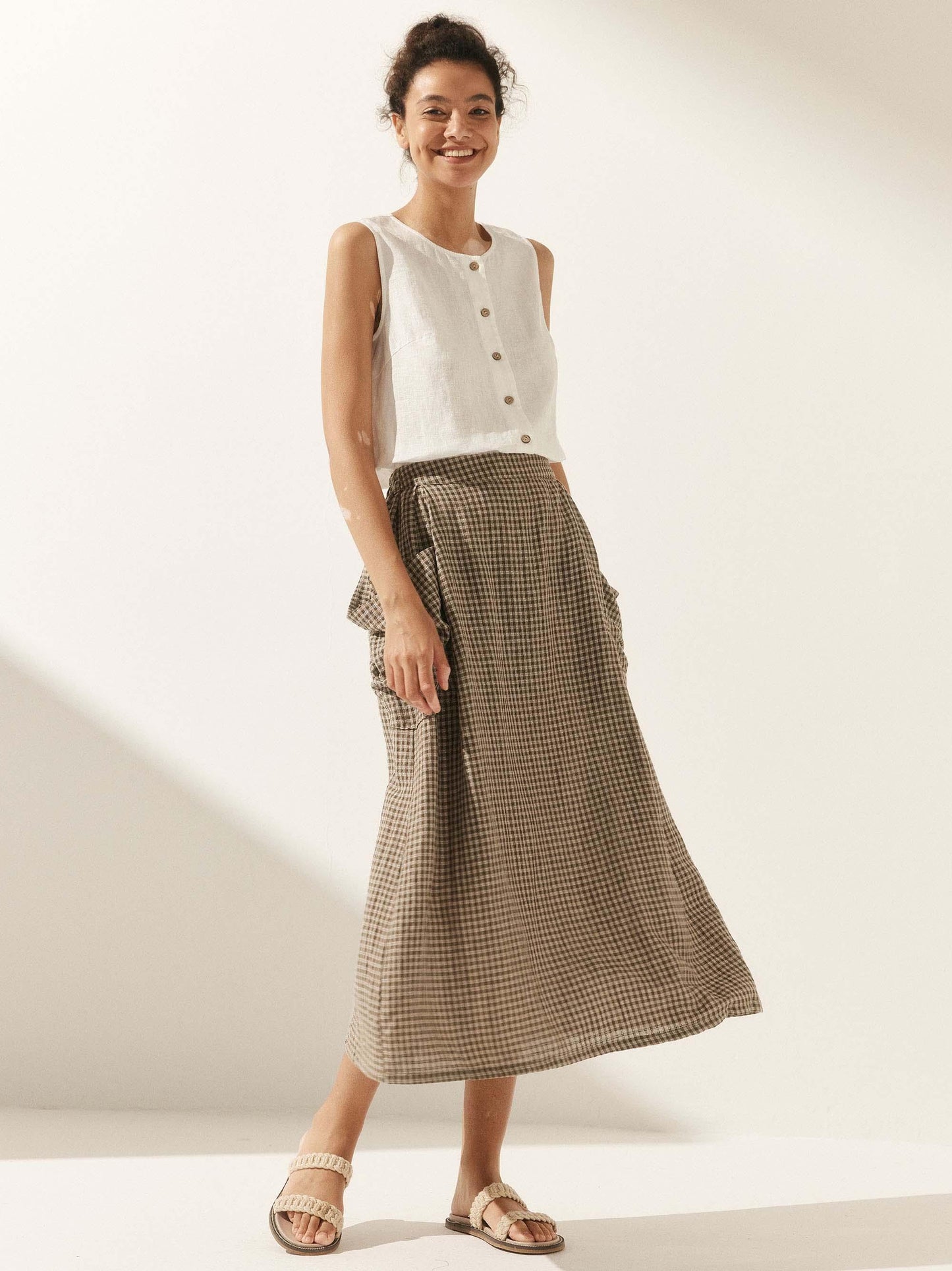 Parker | Women’s Linen Checked Elastic Waist Midi Skirt
