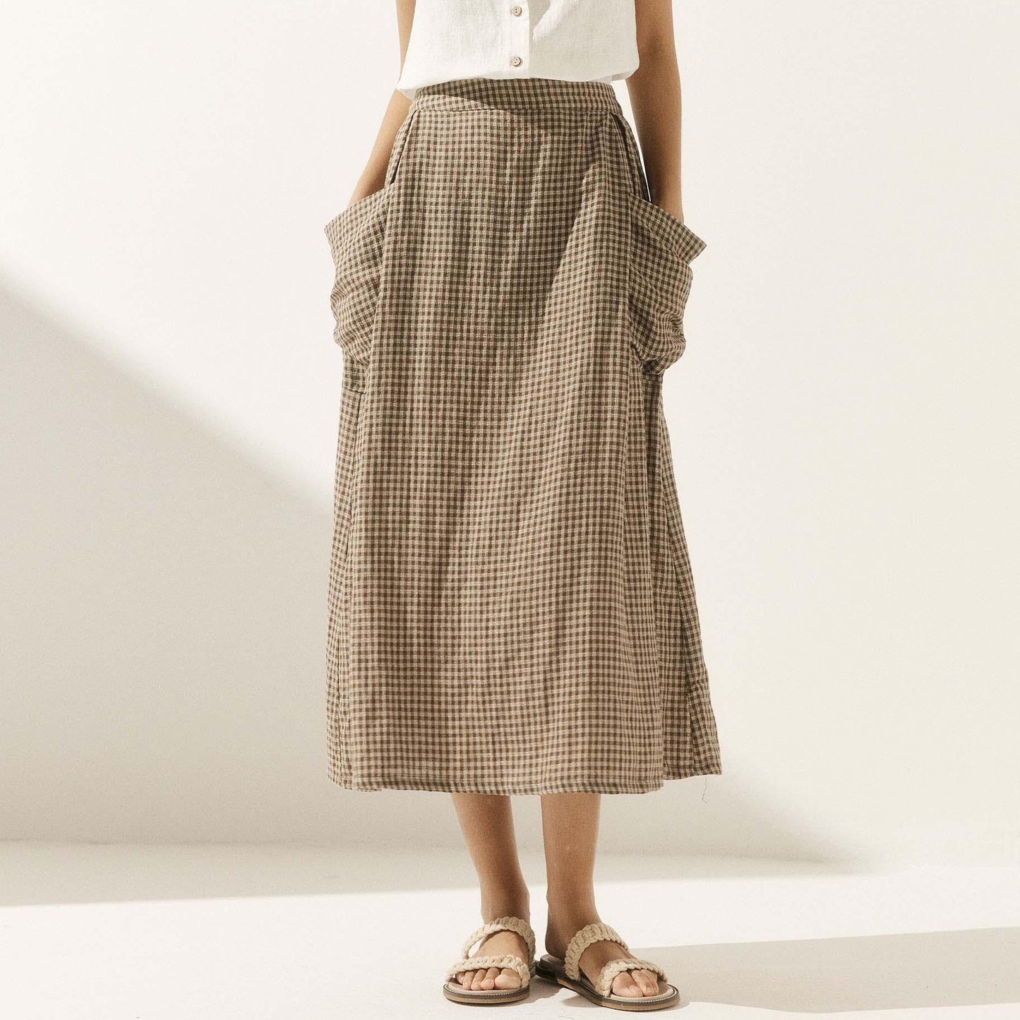 Parker | Women’s Linen Checked Elastic Waist Midi Skirt