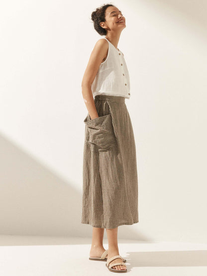 Parker | Women’s Linen Checked Elastic Waist Midi Skirt