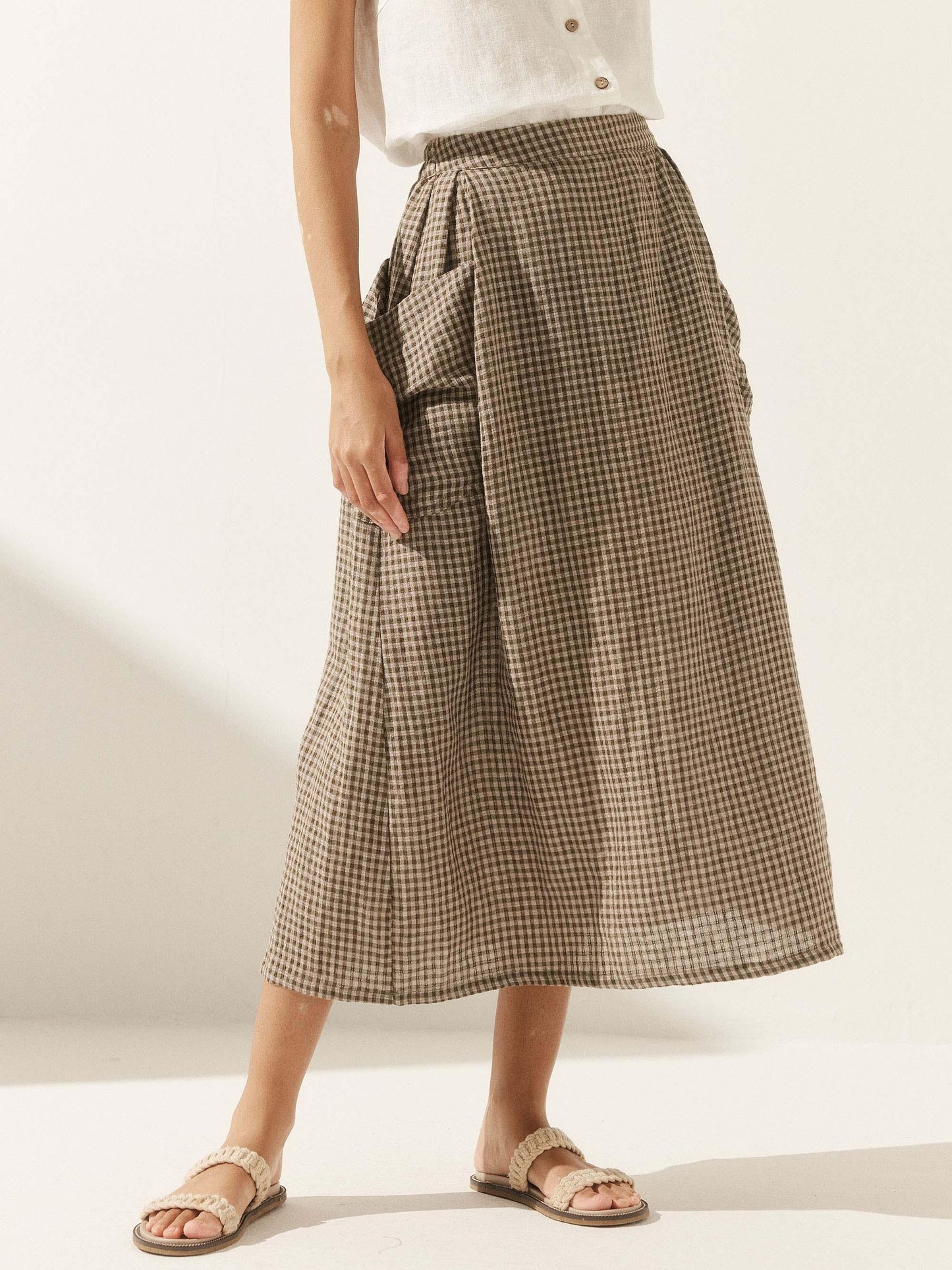 Parker | Women’s Linen Checked Elastic Waist Midi Skirt