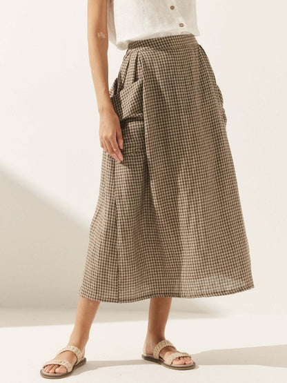 Parker | Women’s Linen Checked Elastic Waist Midi Skirt