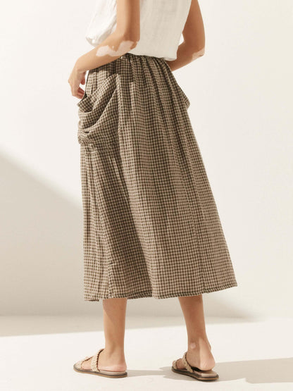 Parker | Women’s Linen Checked Elastic Waist Midi Skirt