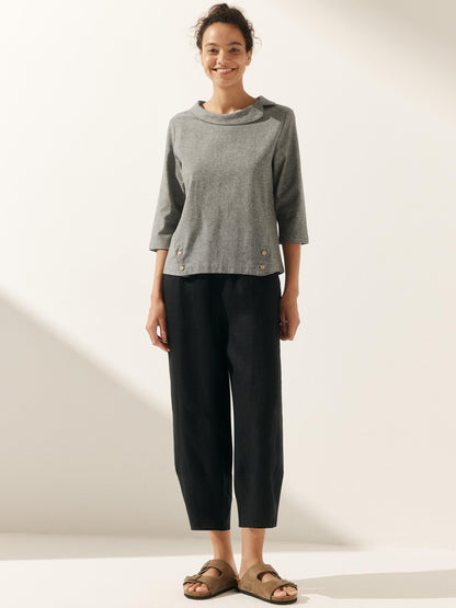 Casey | Women’s Linen Gingham Checked Soft-Fold Collar Blouse