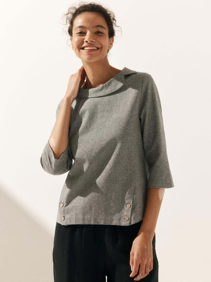 Casey | Women’s Linen Gingham Checked Soft-Fold Collar Blouse