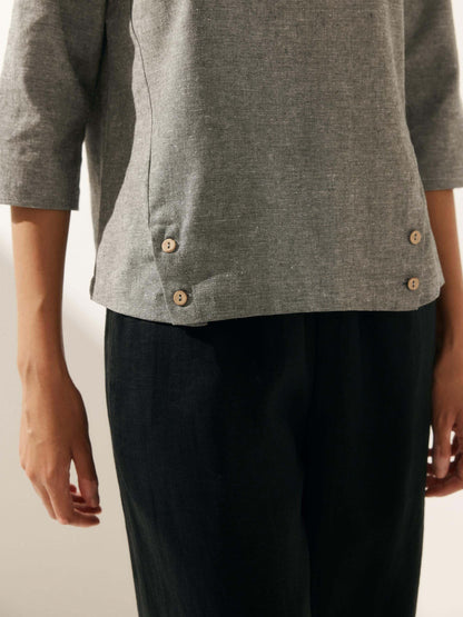 Casey | Women’s Linen Gingham Checked Soft-Fold Collar Blouse