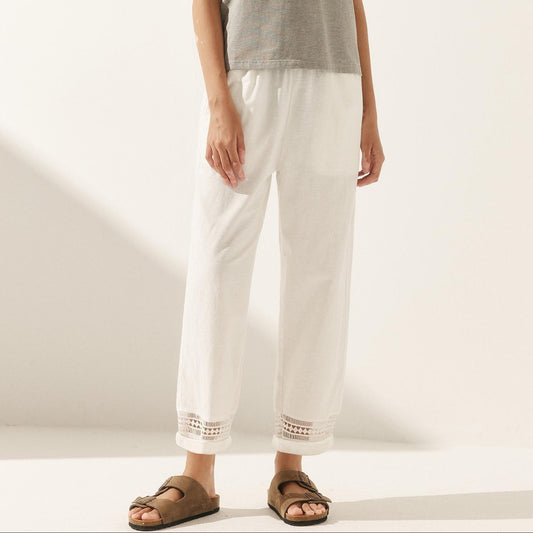 Monika | Women’s Linen Lace Stitching Elastic Waist Ankle-Length Trousers