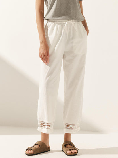 Monika | Women’s Linen Lace Stitching Elastic Waist Ankle-Length Trousers