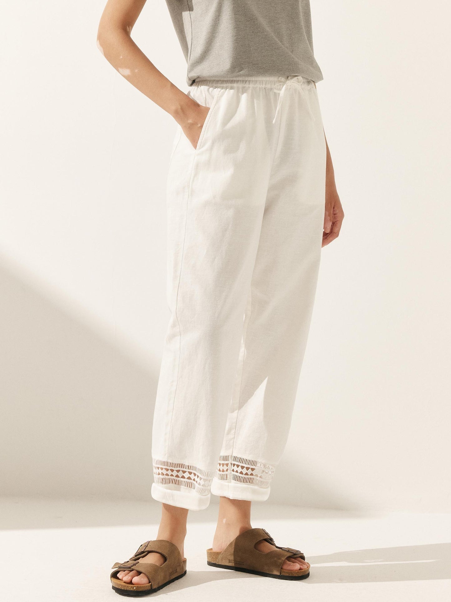 Monika | Women’s Linen Lace Stitching Elastic Waist Ankle-Length Trousers
