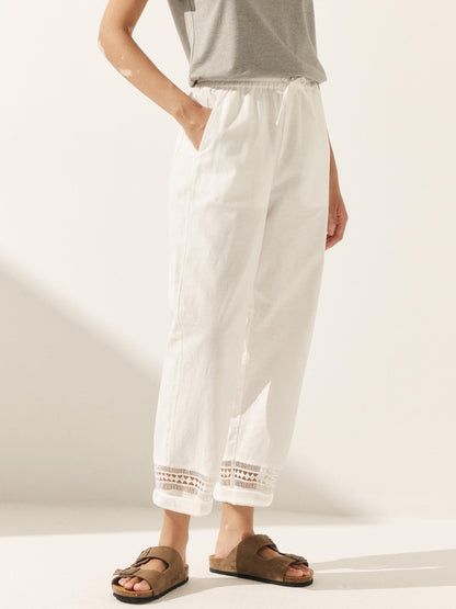 Monika | Women’s Linen Lace Stitching Elastic Waist Ankle-Length Trousers