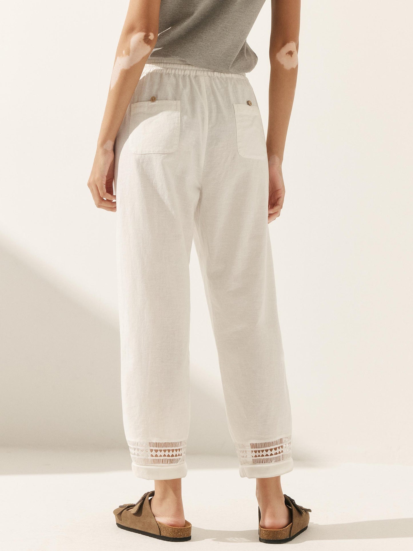 Monika | Women’s Linen Lace Stitching Elastic Waist Ankle-Length Trousers
