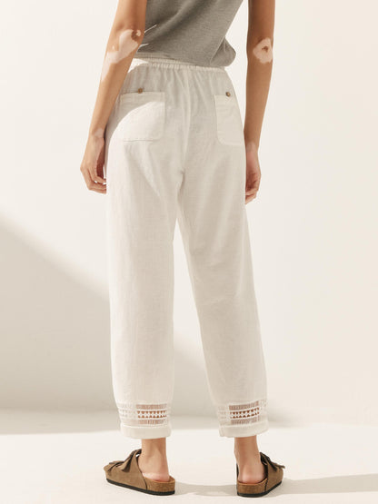 Monika | Women’s Linen Lace Stitching Elastic Waist Ankle-Length Trousers