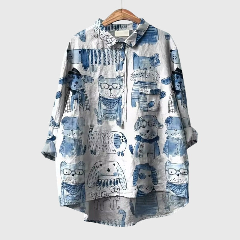 Piper | Women’s Cute Cat Print Button Up Blouse