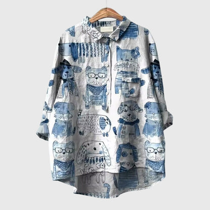 Piper | Women’s Cute Cat Print Button Up Blouse