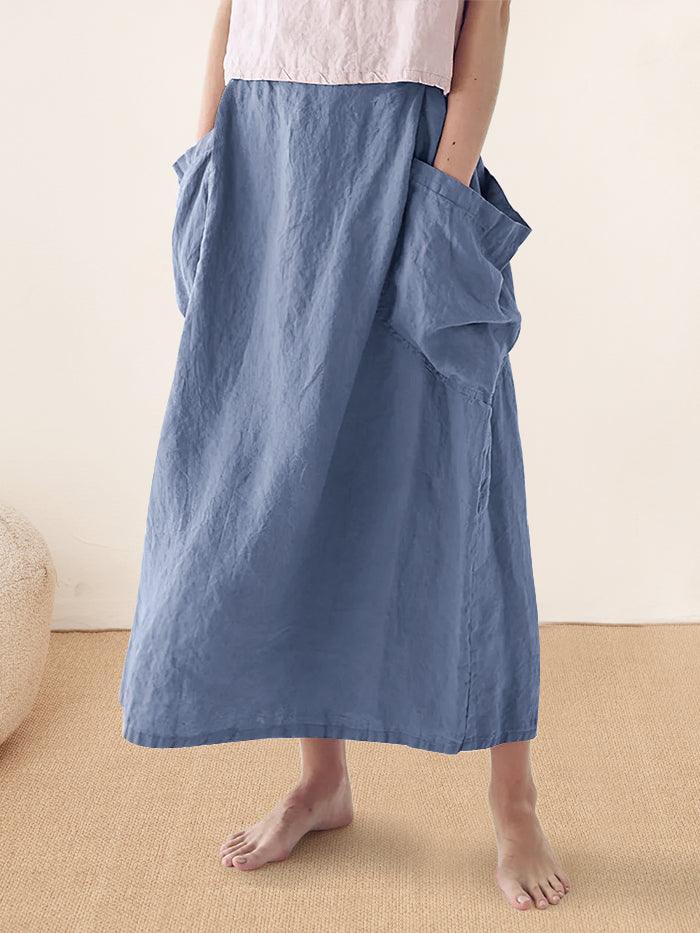 Parker | Women’s Linen Checked Elastic Waist Midi Skirt