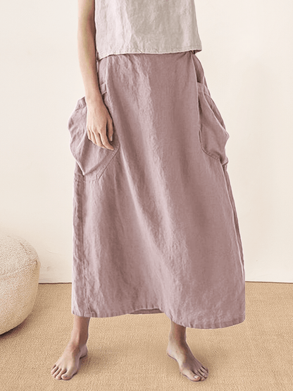 Parker | Women’s Linen Checked Elastic Waist Midi Skirt
