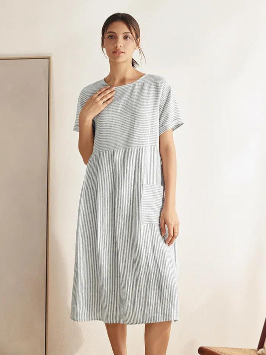 Camille | Women’s Linen Pinstripe Paneled Short Sleeve Dress