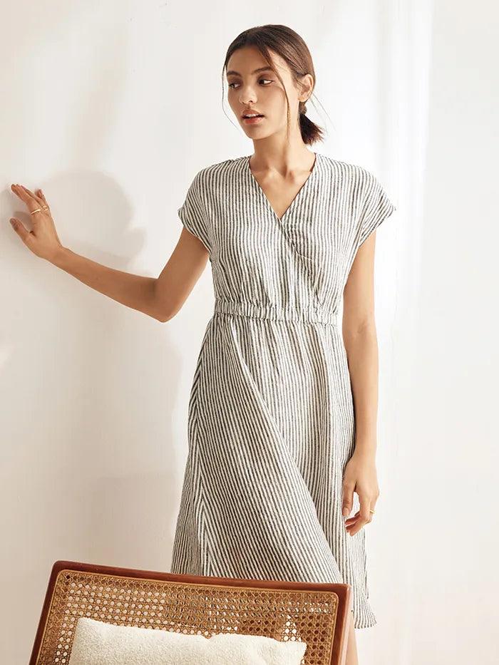 Serena | Women’s Linen Striped Elastic-Waist Midi Dress