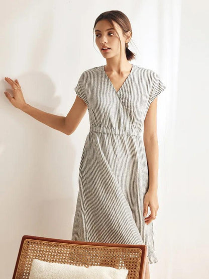 Serena | Women’s Linen Striped Elastic-Waist Midi Dress