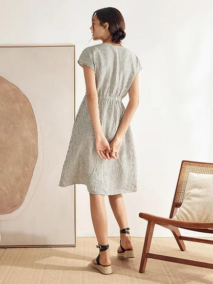 Serena | Women’s Linen Striped Elastic-Waist Midi Dress