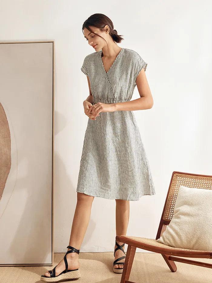 Serena | Women’s Linen Striped Elastic-Waist Midi Dress