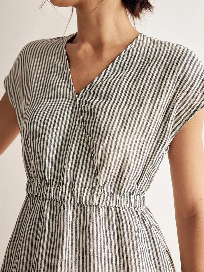 Serena | Women’s Linen Striped Elastic-Waist Midi Dress