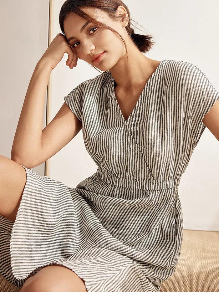 Serena | Women’s Linen Striped Elastic-Waist Midi Dress