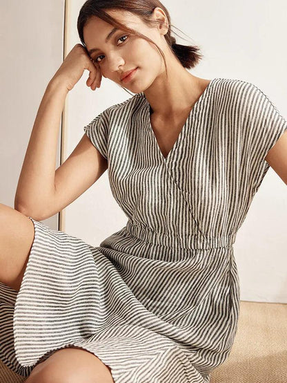 Serena | Women’s Linen Striped Elastic-Waist Midi Dress