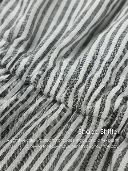 Serena | Women’s Linen Striped Elastic-Waist Midi Dress