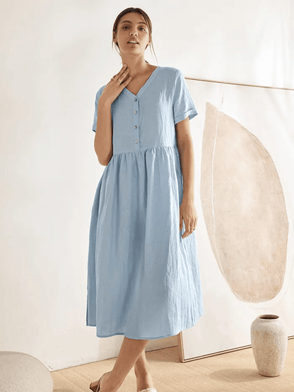 Amabel | Women’s Linen V-Neck Gathered-Waist Midi Dress