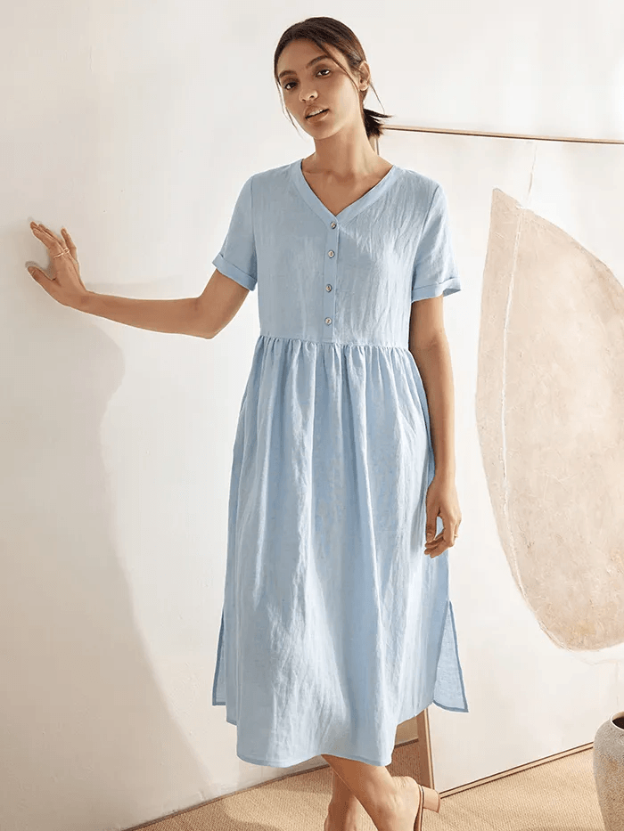 Amabel | Women’s Linen V-Neck Gathered-Waist Midi Dress