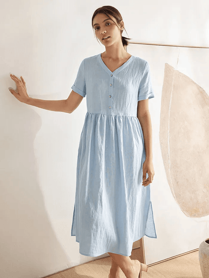 Amabel | Women’s Linen V-Neck Gathered-Waist Midi Dress