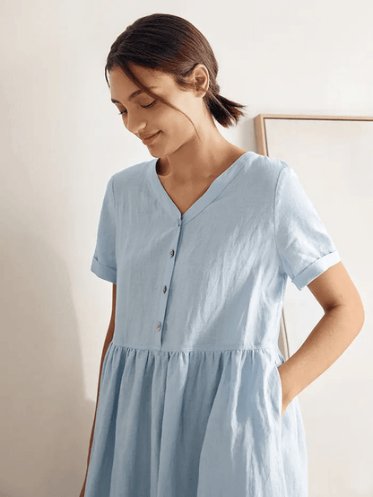 Amabel | Women’s Linen V-Neck Gathered-Waist Midi Dress