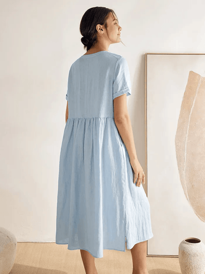 Amabel | Women’s Linen V-Neck Gathered-Waist Midi Dress