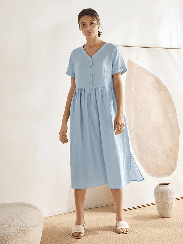 Amabel | Women’s Linen V-Neck Gathered-Waist Midi Dress