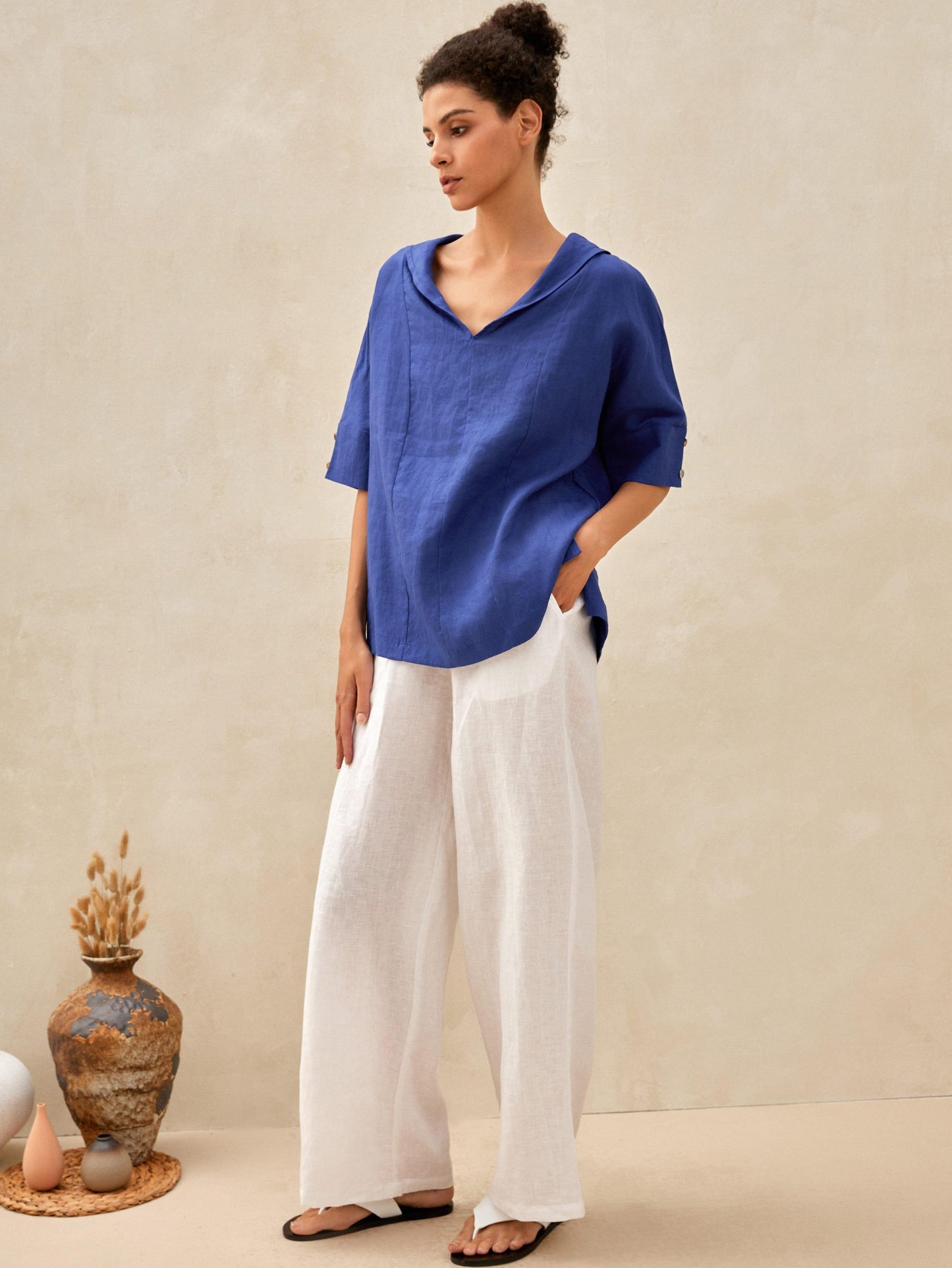 Jolene | Women’s Linen V-Neck Short Sleeve Blouse