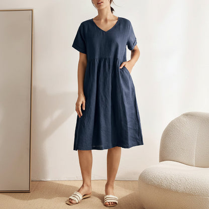Leighton | Women’s Linen V-Neck Ruched Waist Pocket Dress