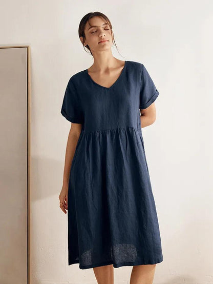 Leighton | Women’s Linen V-Neck Ruched Waist Pocket Dress