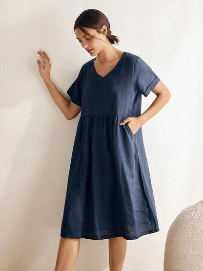 Leighton | Women’s Linen V-Neck Ruched Waist Pocket Dress