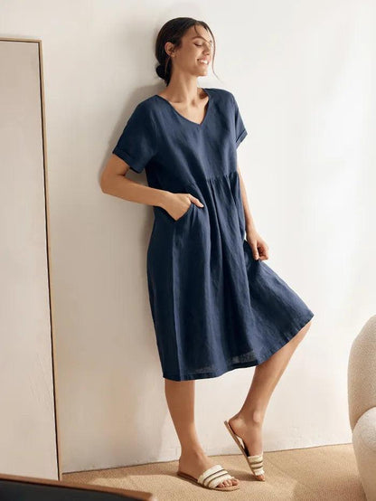 Leighton | Women’s Linen V-Neck Ruched Waist Pocket Dress