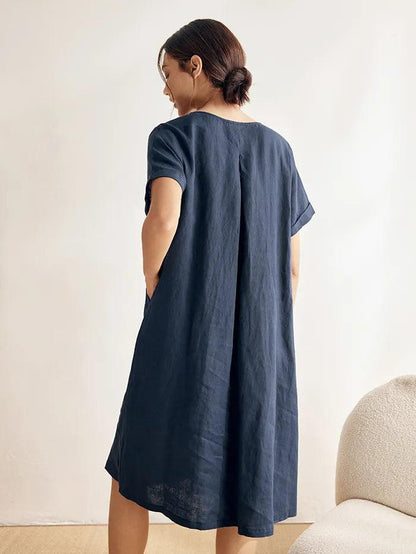 Leighton | Women’s Linen V-Neck Ruched Waist Pocket Dress
