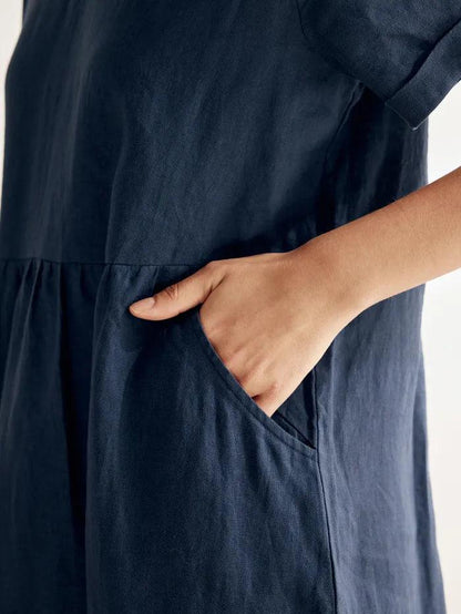 Leighton | Women’s Linen V-Neck Ruched Waist Pocket Dress