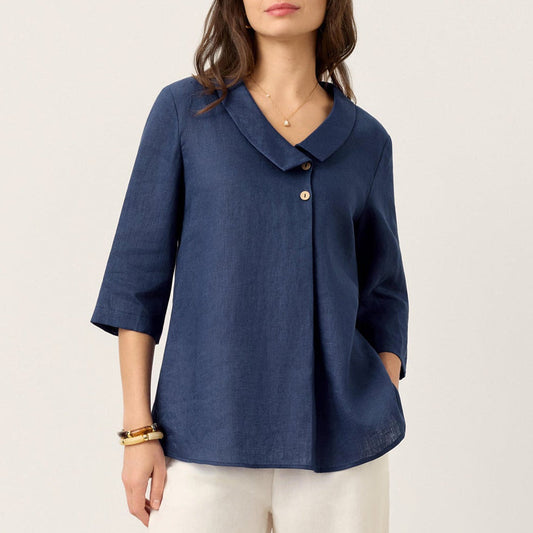 Blaire | Women’s Blue Linen Asymmetric Collar Pleat Blouse